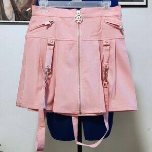Pink zip-up skirt with long hanging straps and pentagram zipper from Killstar